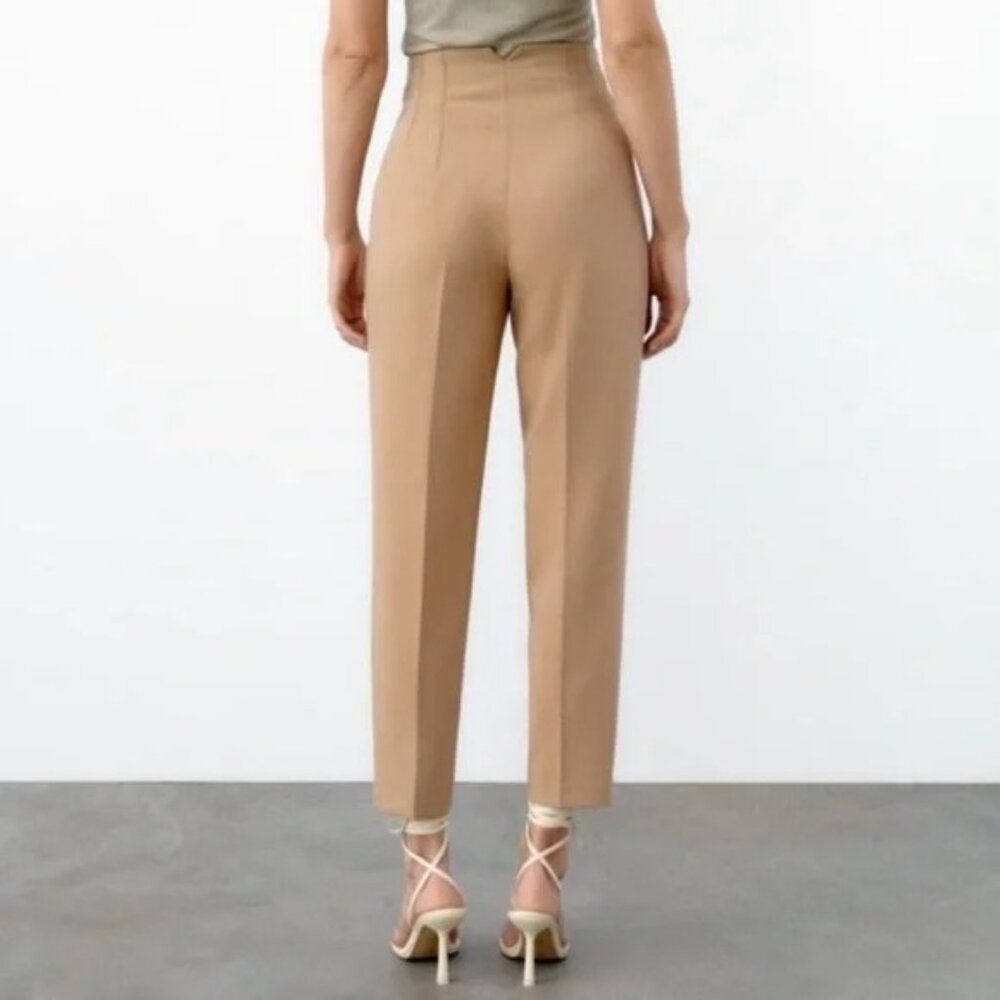 ZARA Camel Tan M High Waisted Tailored Trousers Side Pockets - Picture 2 of 14